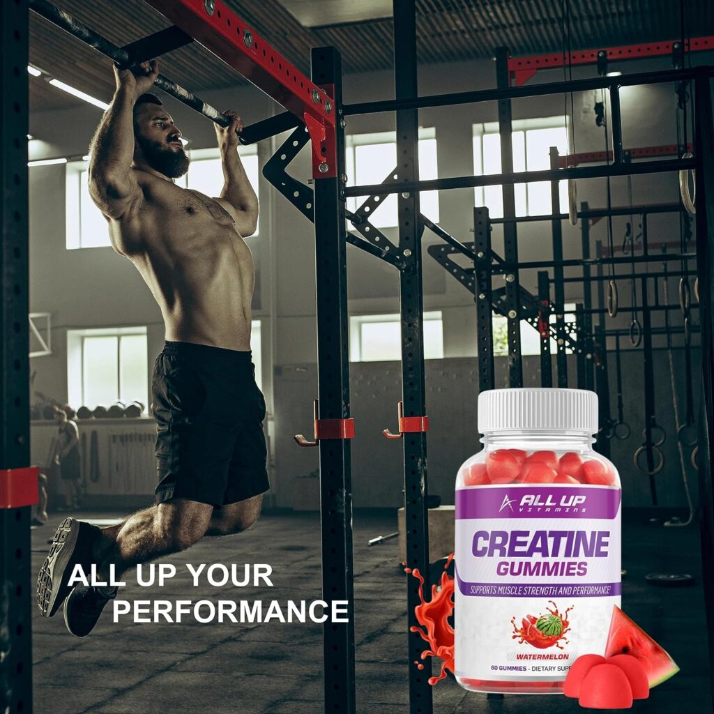 All Up Vitamins Creatine Monohydrate Gummies - Watermelon Flavor  Vegan Friendly - Performance Boosting Chews with Vitamin B12 for Muscle Strength - Enhance Energy  Support Muscle Growth (60 Count)